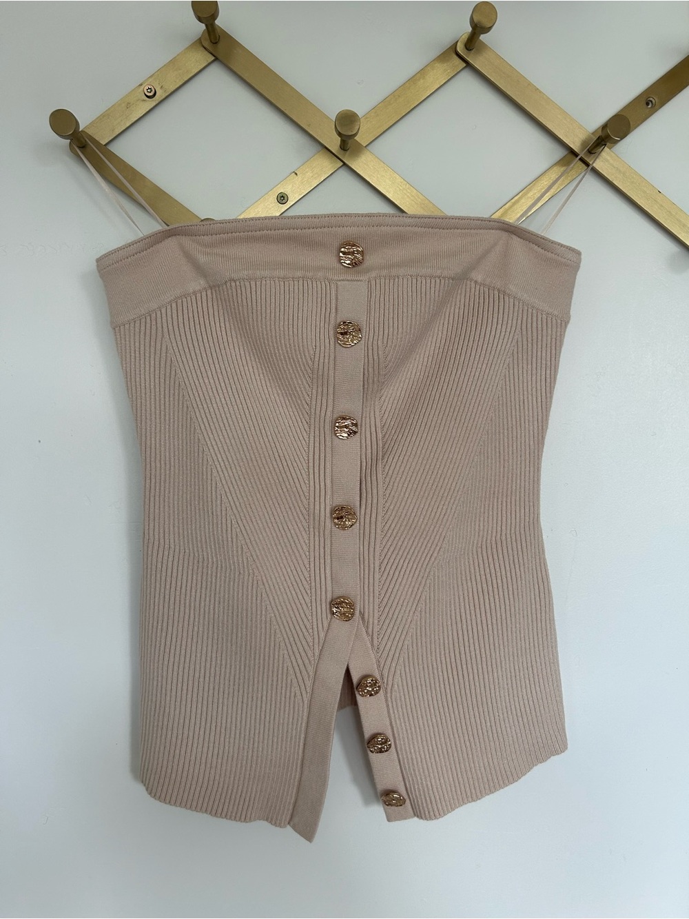 Emerson Lang Ribbed Strapless Top in Light Beige